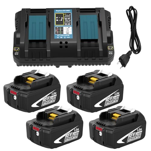 4X BL1850B Rechange pour Makita Batterie 18V 5Ah + Chargeur DC18RD pour BL1860B BL1850B BL1850 BL1860 BL1845 BL1840 et LXT-400