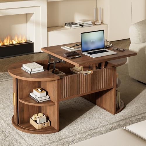 QSOST Table Basse Ovale relevable en Noyer, Plateau Ajustable, Rangement caché, Portes coulissantes, Gain de Place, idéal pour Petit Appartement et Home Office (Noix-1)