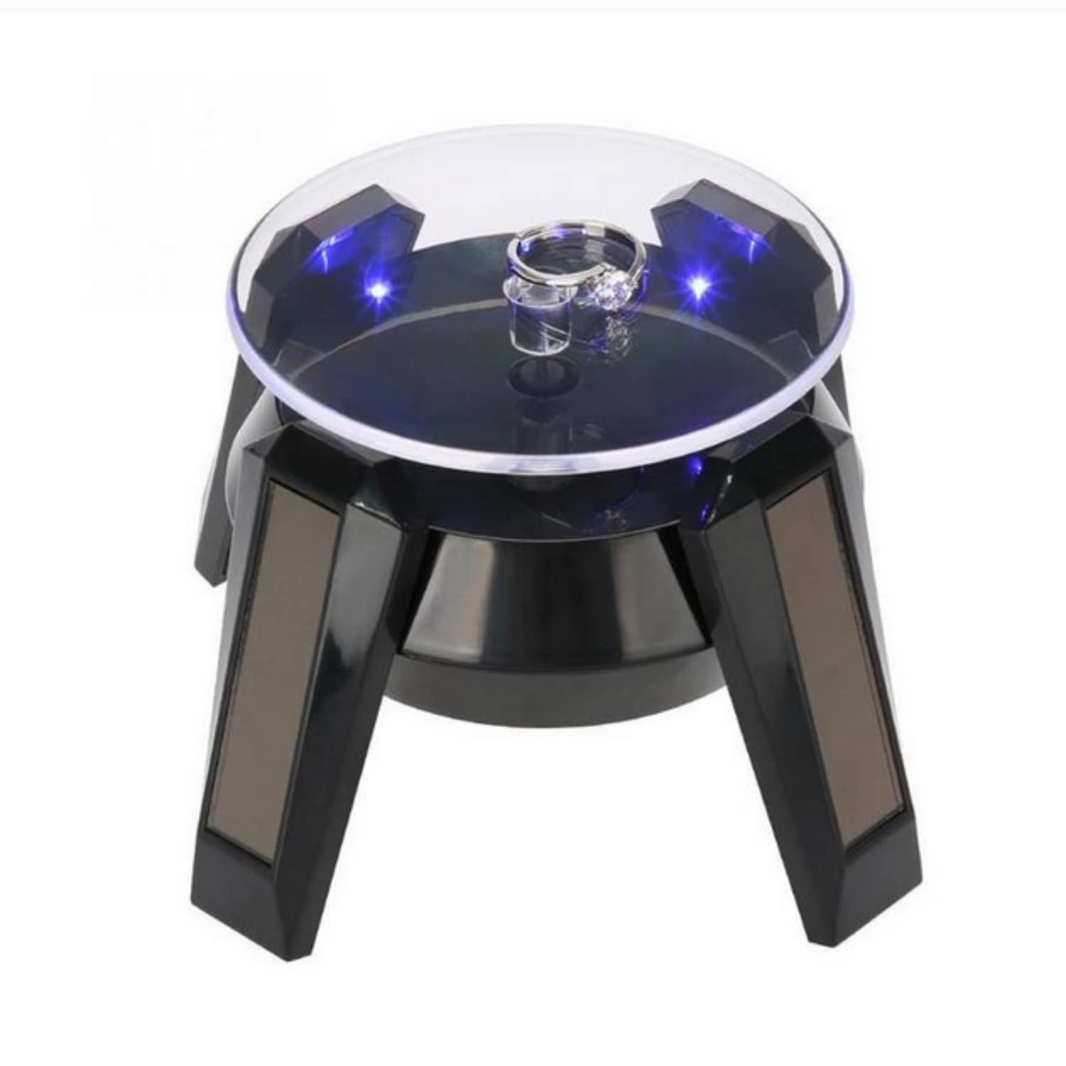 SKEIDO 360° Rotating Solar Powered Jewelry Display Stand Organizer Turntable with LED Light Watch Phone Ring Necklace Bracelet Showcase black
