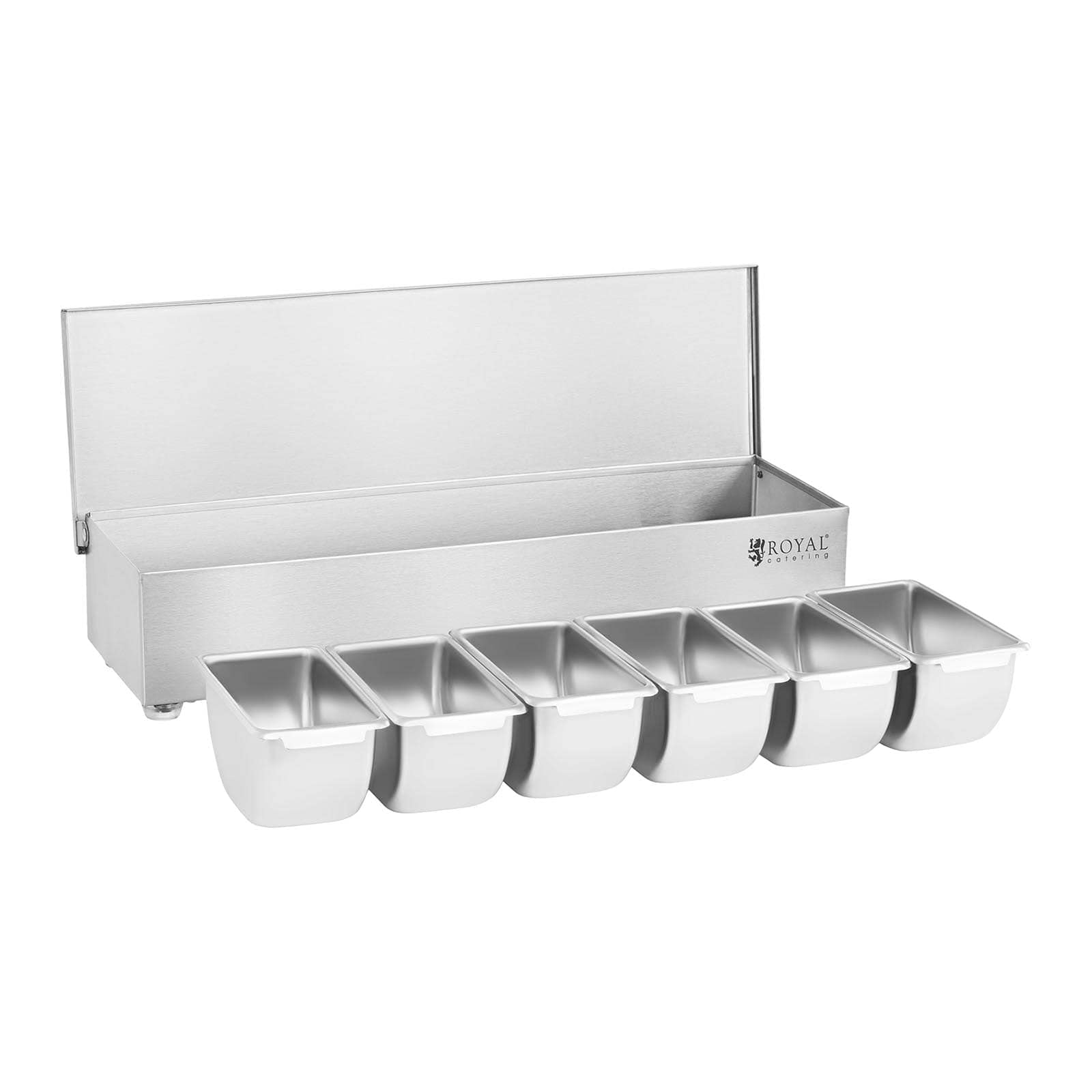 Royal Catering Contenitore Portacondimenti RCCBS 5 (Acciaio inox, 6 contenitori, Capacità di ciascun contenitore: 450 ml, Copertura in acciaio inox, 45,2 x 15 x 8,8 cm)