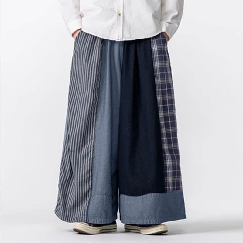 Men Wide Leg Pants Striped Plaid Patchwork Elastic Waist Joggers Trousers Streetwear Casual Male Pants2