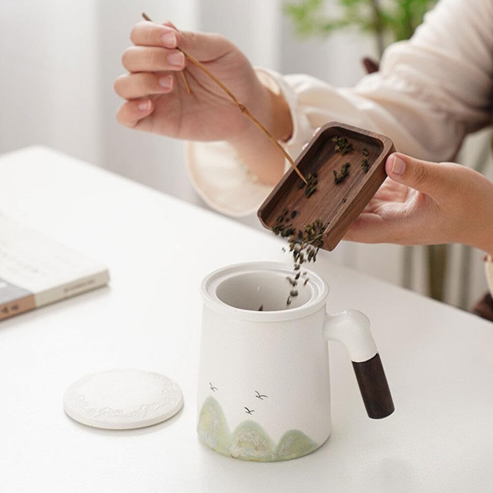 Taza de Cerámica con Infusor y Tapa para Infusiones de Té, Diseño Ligero y Mango de Madera, Adecuada para Uso en Escritorio y Aficionados al Té