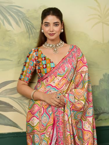Image of Multi-Color Paisley Print Saree for Women | Fancy Mirror Work Traditional Saree with Blouse Piece