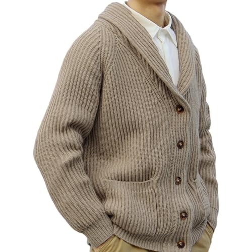 Mens Shawl Collar Knitted Cardigan Men Button Down Open Front Ribbed Knit Sweater Khaki Knitwear with Pocket2