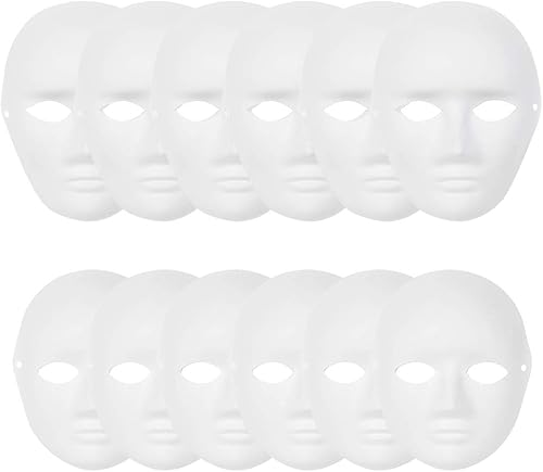 Paquete de 12 máscaras faciales completas de papel maché, máscaras blancas para manualidades, máscaras pintables, máscaras de disfraz en blanco para