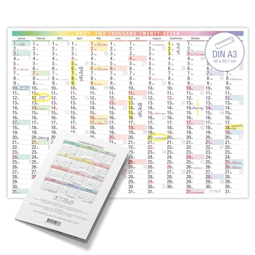 TOBJA A3 Wandkalender 2027 Bunt Querformat | DIN A3 (42x29 7 cm) | FSC-zertifiziert | Wandkalender für Büro & Homeoffice | Planer für Termine & Feiertage