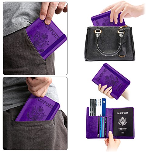 Image of WALNEW Passport Holder for Travel, RFID Passport Cover Wallet for Women Men, PU Leather Passport Book Card Holder Case with Pen (Elastic Band Closure, A-Purple)