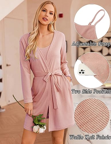 Image of Ekouaer Pajamas for Women Set 3 Piece Lounge Set Soft Pajama Sets Waffle Knit Tank Top and Shorts Cardigan with Pockets S-XXL