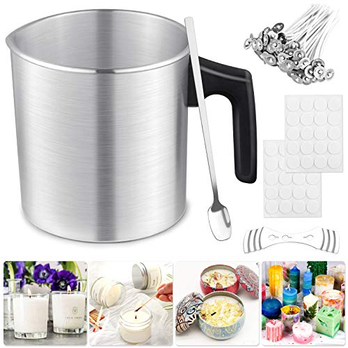 Candle Making Pouring Pot, Thrilez 103 Pieces Candle Craft Tools with Candle Pouring Pot, 50Pcs Wax Wicks, 50Pcs Wick Stickers, Candle Wicks Holders and Mixing Spoon, DIY Wax Making Kit for Beginner