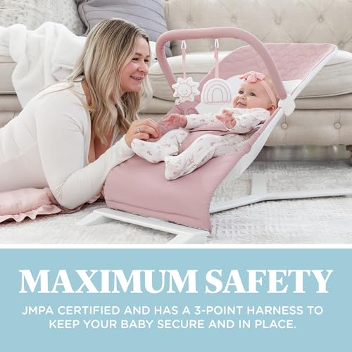 Image of Baby Delight Alpine Deluxe Portable Bouncer, Organic Rose | Infant 0-6 Months, 3-Position Recline, 3-Point Safety Harness, 100% GOTS Certified Cotton Fabric Removable & Washable Cover