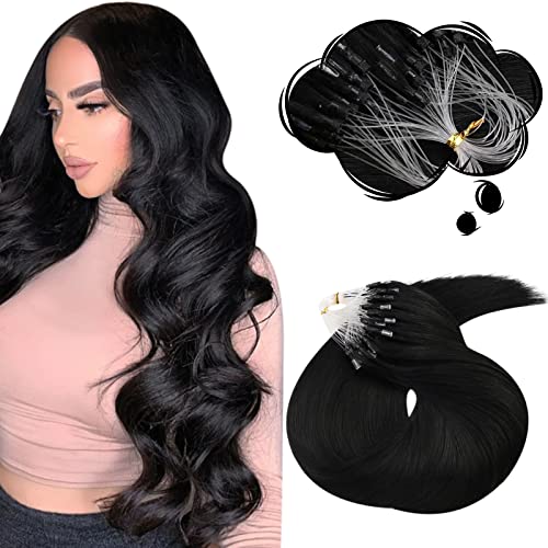 Moresoo Micro Ring Hair Extensions Black Microloop Hair Extensions Real Human Hair Jet Black Micro Beads Hair Extensions 1g/s 50g/Pack 22 Inch #1