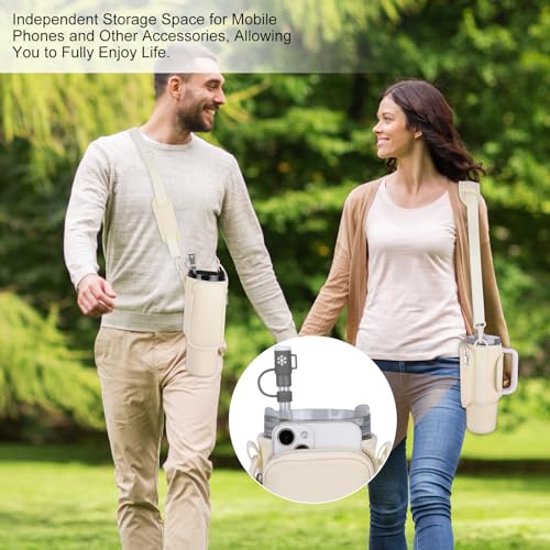 Image of Water Bottle Carrier Bag with Phone Pocket for Stanley 40 /30 oz Tumbler Neoprene Water Bottle Holder Pouch with Adjustable Strap Bollus with Straw Cover & Carabiner for Stanley Cup Accessories.