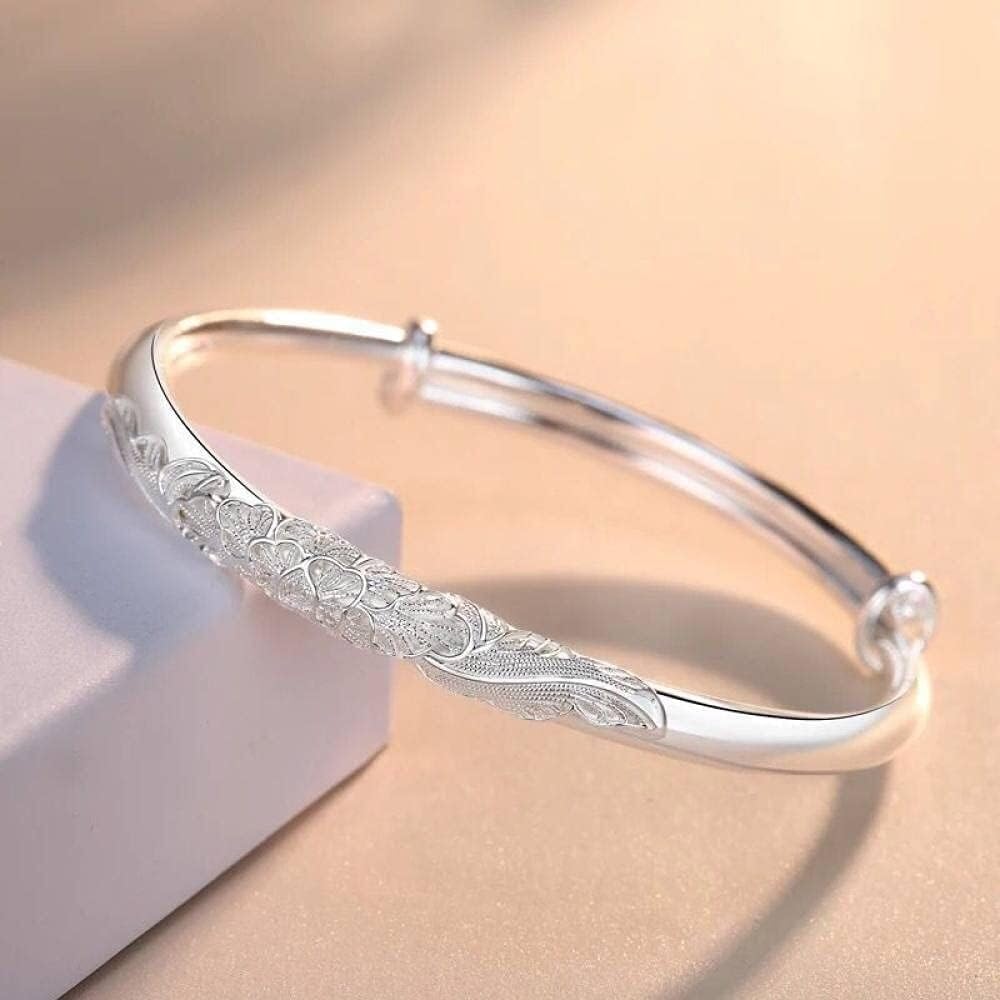 Bracciale regolabile,bracciale in argento sterling,bracciale regolabile in argento sterling 925 da donna Bracciale con peonia intagliata a mano Gioielli in argento sterling Regali di compleanno Mamma