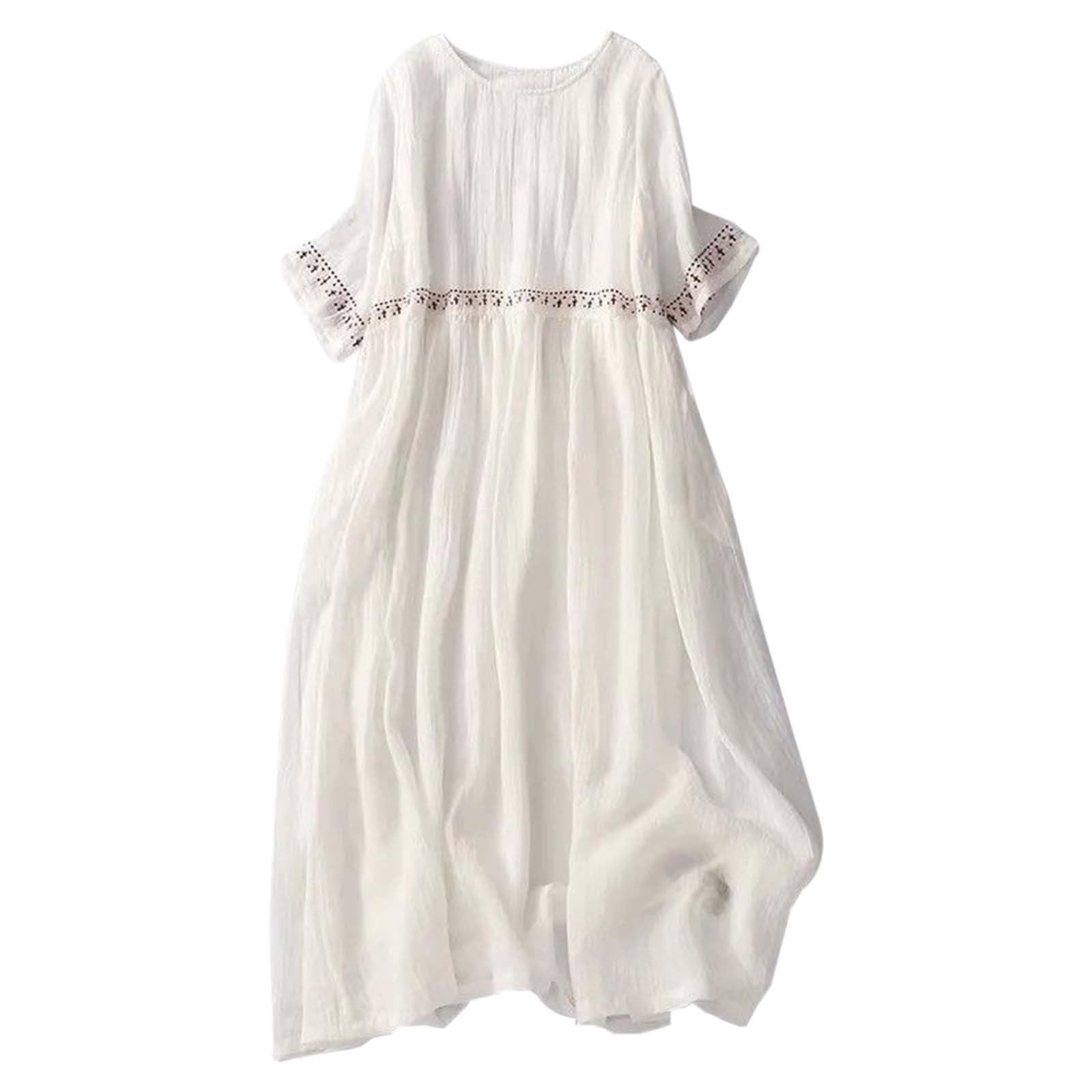 Letnia sukienka maxi plus size styl boho haft bawełna len krótki rękaw płynąca midi