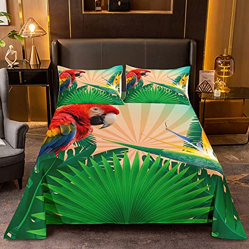 Full Size Bedding Flat Sheet Sets Animal and Botanical Print Parrot Flower Palm Leaves Pattern Kids Teens Fitted Sheet 2 Pillowshames Green Leaf Red Parrot Yellow Flower