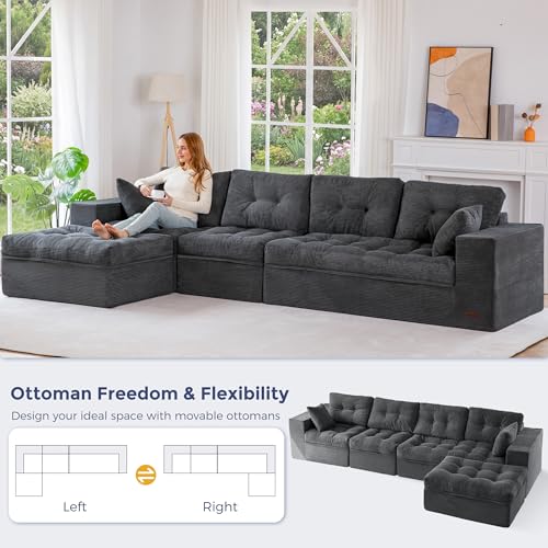 Image of MAXYOYO 132 inch L Shaped Modular Sectional Sofa with Ottoman, Cloud Boneless Couch with Layered Cushion, Upholstered Sofa in a Box, Flexible Module Combination for Living Room, No Assembly, Dark Grey