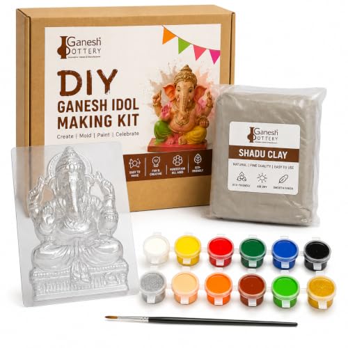 Image of DIY Ganesha Making Kit | Shadu Clay Idol Making Kit with Reusable PET Mould, 12 Paint Colours & Brush | Eco-Friendly Ganesh Chaturthi Craft