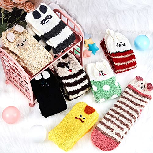 Hercicy 15 Pairs Women Fuzzy Socks Soft Striped Animal Fluffy Sleeping Winter Warm Cute Coral Fleece Cozy Slipper Socks4