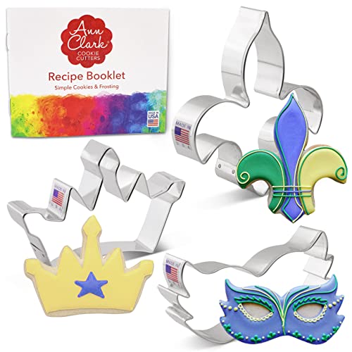 Ann Clark Cookie Cutters Juego de 3 cortadores de galletas Mardi Gras con folleto de recetas, máscara, corona de princesa, flor de lis