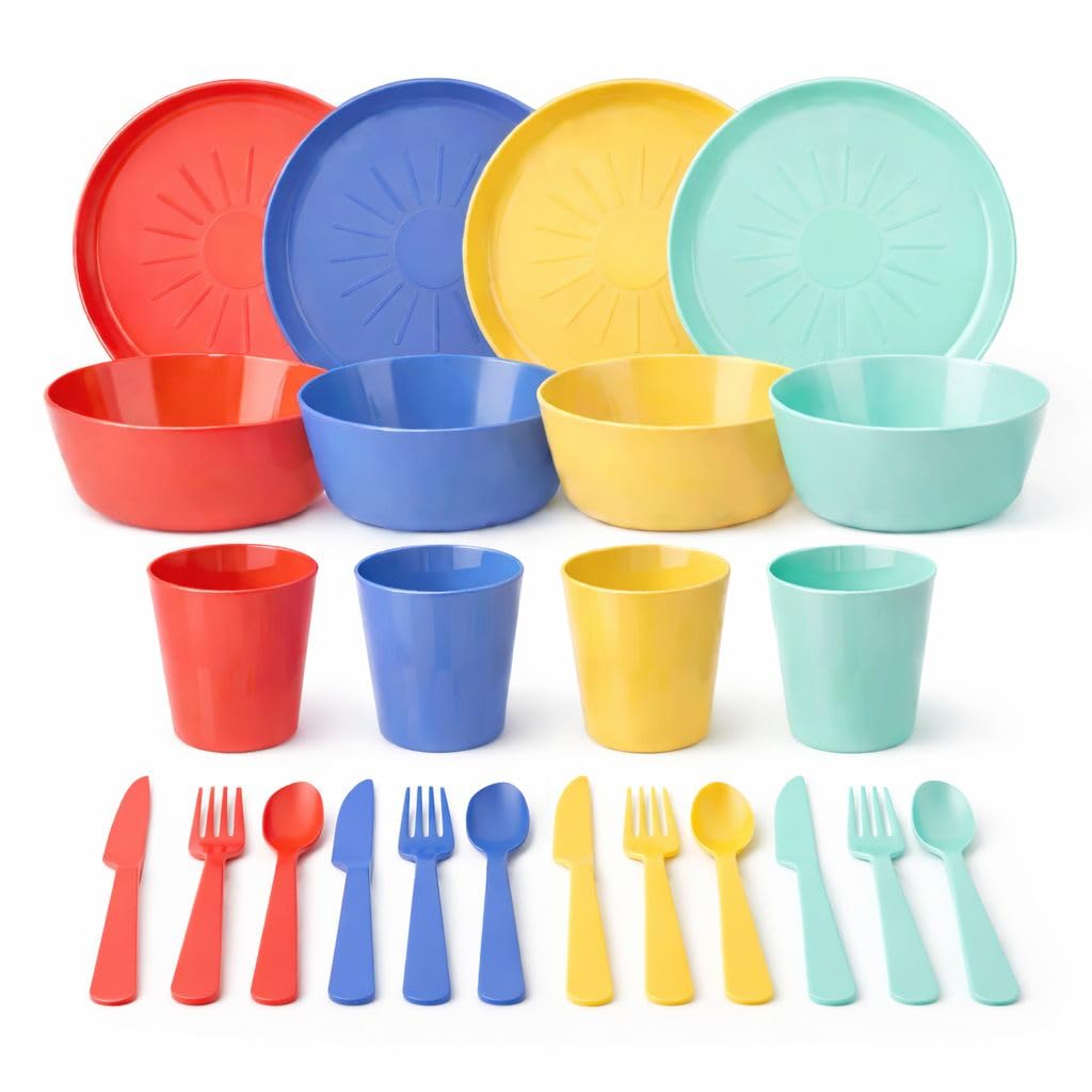 24 Piece Kids Tableware Set – BPA Free Plastic Dinner Set with 4 Plates, 4 Bowls, 4 Cups & 12 Piece Cutlery (Knives, Forks, Spoons) – Reusable Pastel Toddler Dining Set (Brights)