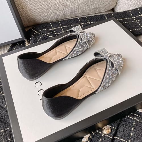 ChaiRong Zhou Women Fashion Shiny Rhinestone Pearl Bowknot Slip on Ballet Flats Low Heel Casual Office Party Wedding Shoes3