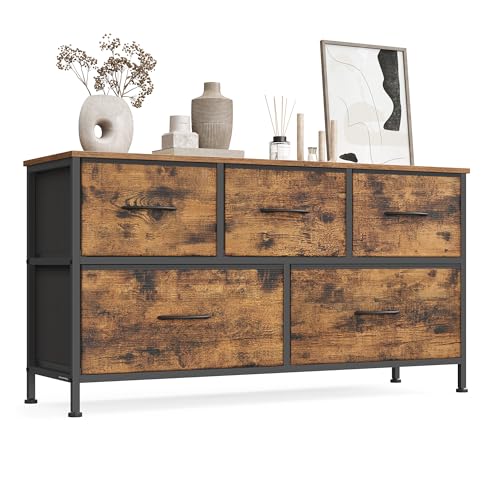 SONGMICS BELLAH Collection - Commode, Meuble de Rangement pour Chambre, Couloir, Entrée, Salon, Cadre en Acier, 5 Tiroirs, Style Industriel, Marron Rustique...