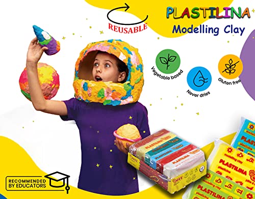 Image of Jovi Plastilina White Yellow Red Brown Dark Green Light Blue Non-Drying Non-Toxic Modelling Clay for Art & Craft Pack of 6 Bars 50gms Each Fine Motor Skills Moulding Project Work with Dough