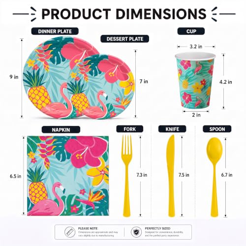 Image of 390 Pcs Luau Plates and Napkins Party Supplies Luau Party Decorations | Includes 60 9 inch Paper Plates | 60 7 inch Paper Plates | 60 9oz Paper Cups | 60 Napkins | 150 Plastic Cutlery