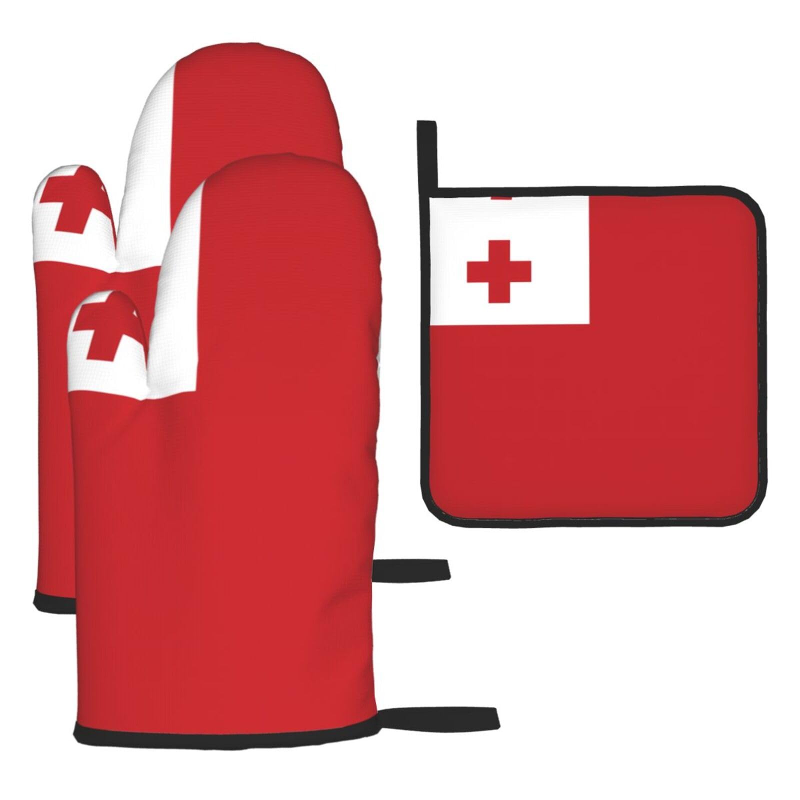 Tonga Flag Oven mittens and oven mitts three-piece set suitable for oven, grilling, baking, microwave and home cooking.