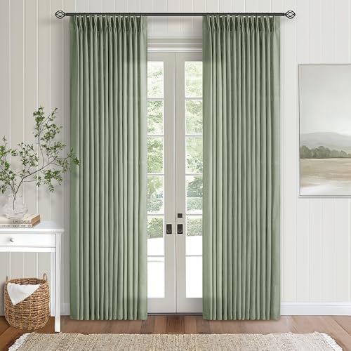 Image of Green Linen Curtains 108 Inches Long 2 Panels Set for Living Room Farmhouse Boho Linen Textured Pinch Pleated Memory Shape Light Filtering Ceiling Semi Sheer Window Curtain Hook Rings Sage Green