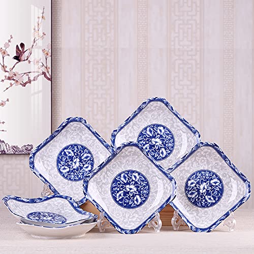 6Pcs Dessert Plate Ceramic Dinner Plates Salad Pasta Bowls 8.5 Inch Square Ceramic Dishes Underglaze Porcelain Square Plate, Blue And White #TOP2