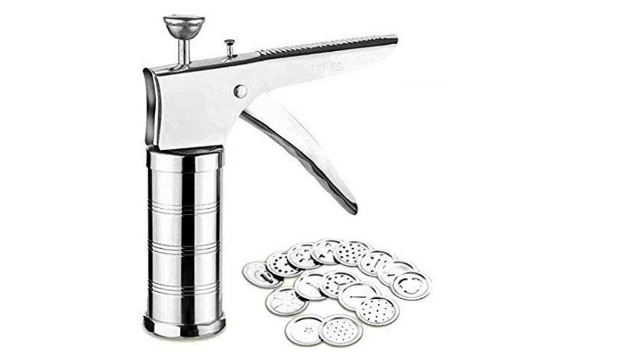 AARNAV Pressa da cucina in acciaio inox multifunzione con 15 dischi, 6 coni per torte, biscotti, set per glassa
