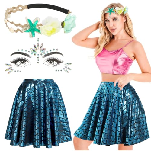Disfraz Accesorios Sirena, Sirena Falda Corta Mujer + Sirena Diedema de Estrella de Mar Concha+ Pegatinas Cara Brillantes, Disfraz Sirena Accesorios Cosplay Fiesta Carnavial L