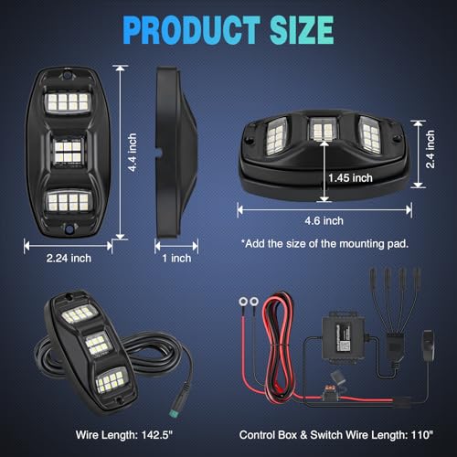 Image of Nilight RGBW LED Rock Lights Kit, 4 Pods 22LED Wide Angle Remote & Bluetooth App Dual Control with Music Modes Multicolor Underglow Neon Wheel Well Light Fit for ATV UTV SUV Offroad Truck RZR Boat