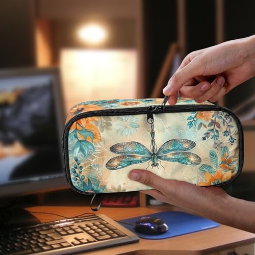 Image of Dragonfly Flower Girls Pencil Case for Women Aesthetic Pencil Pouch Large Storage,Pencil Container for Elementary Kids Children Pencil Bag for Boys Adults Men Box Pencil Handbag