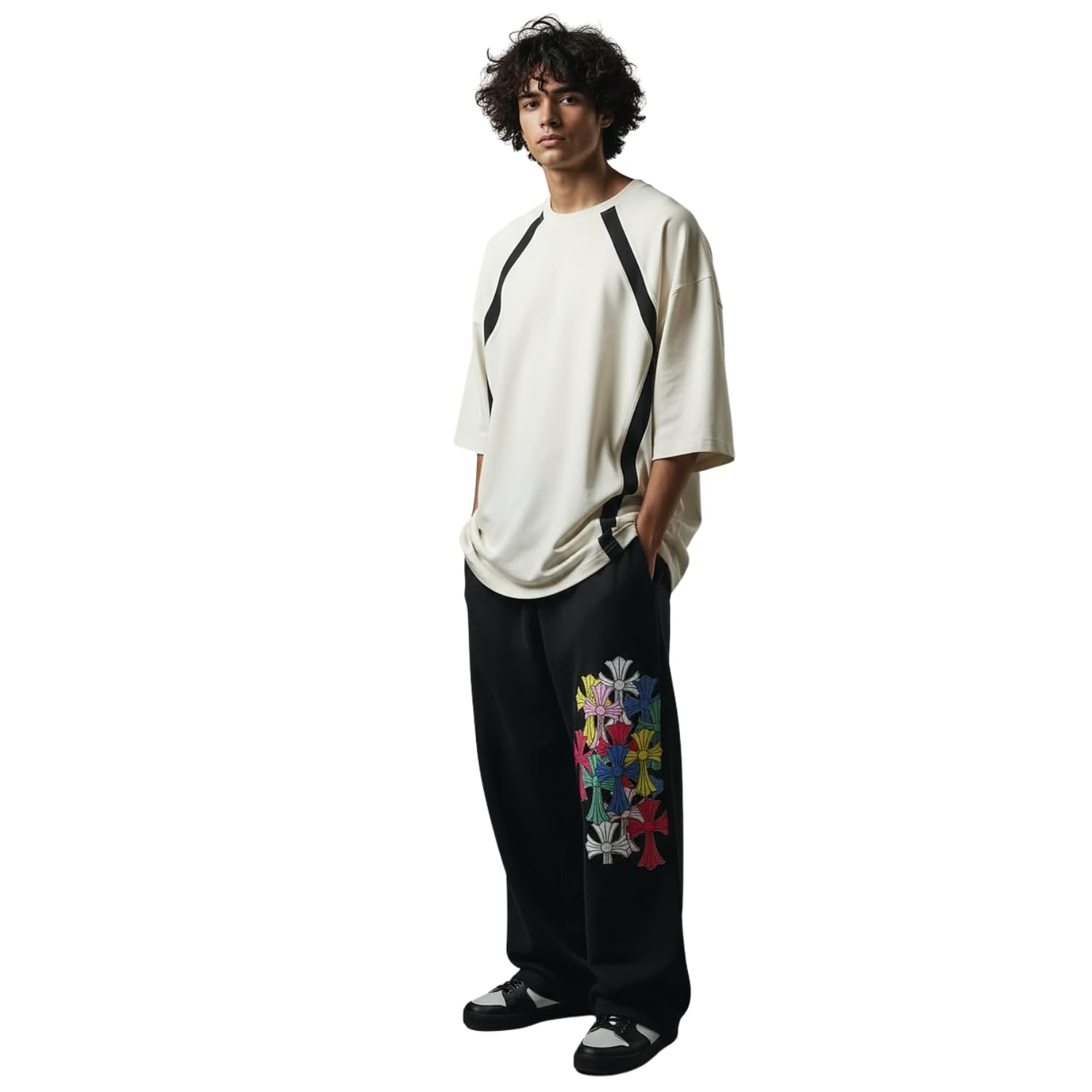 Men’s Black Co-ord Set with Multi Flower Printed Joggers | French Terry T-Shirt & Pants | Relaxed Fit Streetwear Outfit-image-44