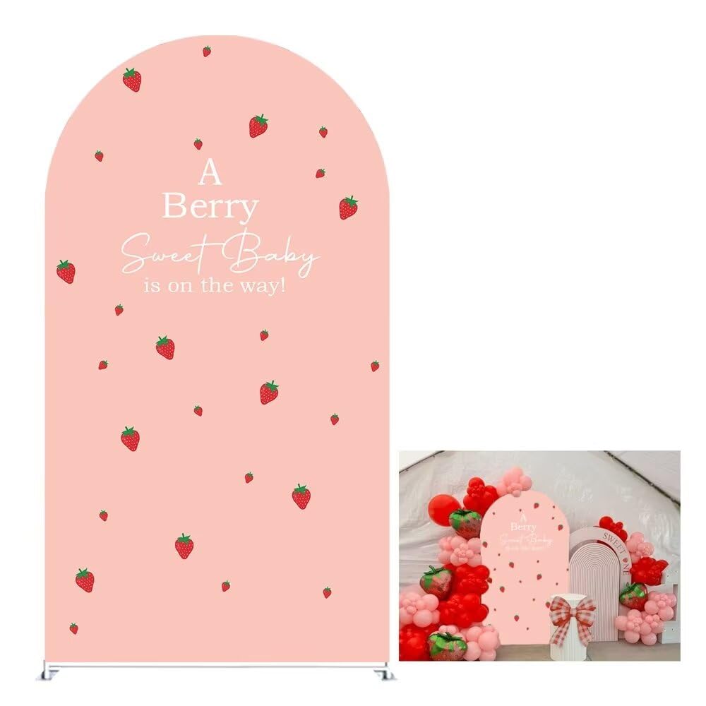 KONPON A Berry Sweet Baby is on The Way! Pink Arch Background Covers Strawberry Theme Stretchy Arched Stand Cover for Girls Birthday Baby Shower Party