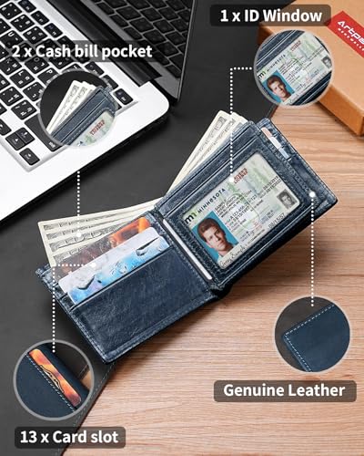 Image of Artpaxy Mens Wallet Bifold Genuine Leather RFID Blocking Wallet for Men with 1 ID Windows 13 Card Holders 2 cash pockets 1 Gift Box