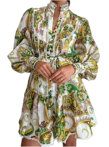 Image of Summer Shirt Dress for Women Long Sleeve Floral Printed Button Down Mini Dresses