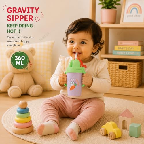 Image of Nabhya Inner Stainless Steel & Outer Plastic 360ml BPA-Free Cute Animal Design Baby Sipper Kids Water Bottle with Straw and Side Handle for Kids (Purplee)