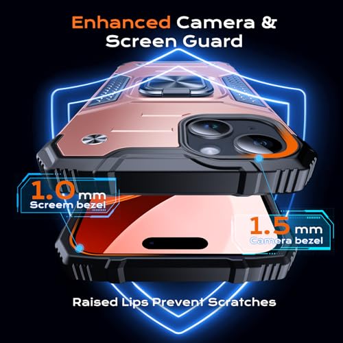 Image of Anqrp Heavy Duty Case for iPhone 15 Case with Enhanced Ring Holder Grip Stand, Military Grade Shockproof Rugged Drop Protective Silicone Hard Slim iPhone 15 Phone Case Cover,Pink Gold