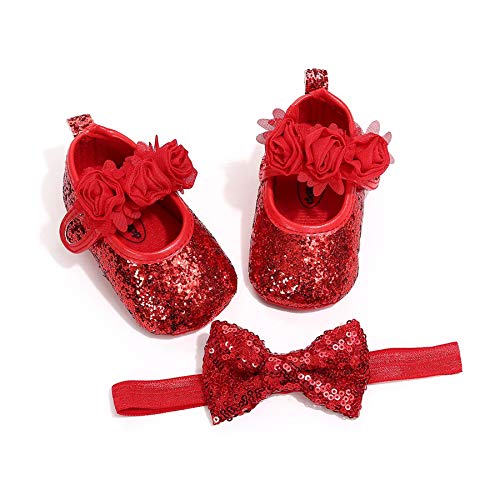 Kfnire Chaussures Bébé et Bandeau Ensemble-Cadeau Baptême, Princesse Bandeau avec Chaussure Bébé Baptême 12-18 Mois Bébé Fille Chaussure Premiers Pas Anti-dérapant