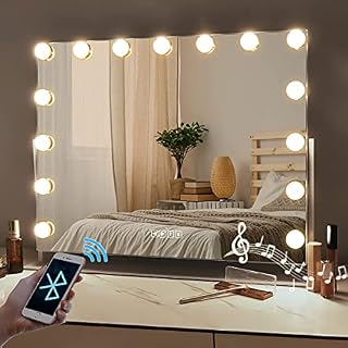 FENCHILIN Hollywood Vanity Mirror with Bluetooth and USB Port, 3 Color Modes Adjustable Brightness Mirror, Rotation Lighted Vanity Mirror 15pcs LED Bulbs 10X Magnified Tabletop Makeup Mirror