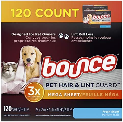 Bounce Pet Hair and Lint Guard Mega Dryer Sheets for Laundry, Fabric Softener with 3X Pet Hair Fighters, Fresh Scent, 120 Count, White