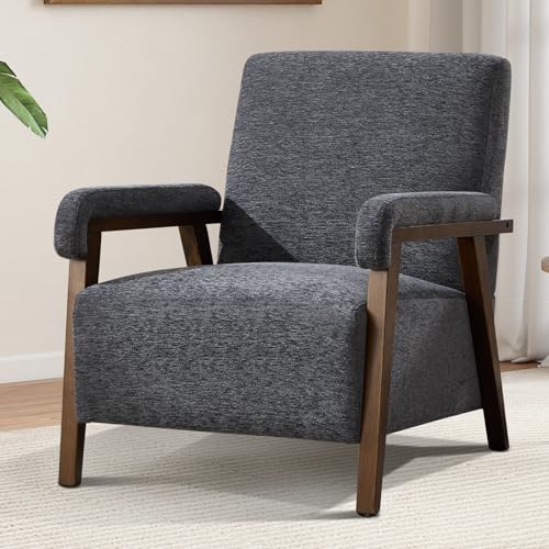 CANMOV Mid Century Modern Accent Chair, Upholstered Reading Armchair with Solid Wood Frame, Soft Fabric, Easy Assembly Sofa Chair for Bedroom, Living Room & Cafe (1, Gray)