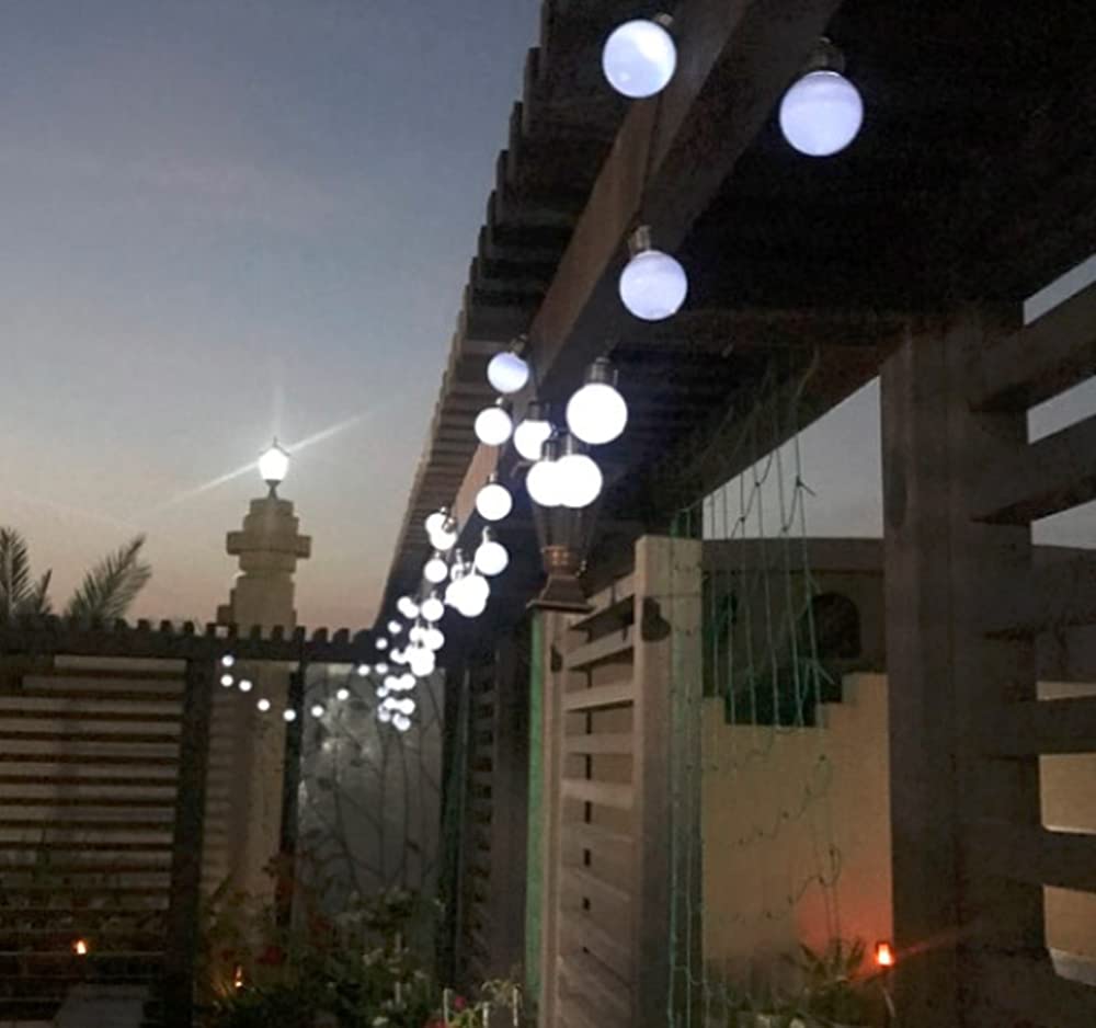Hulx White Solar Outdoor/Indoor 5M 20Led Festoon Bulb String Lights, Globe Light Bulb Fairy Lights, Waterproof, 6000K, 5W, Button Control, Ip65, Modern Style