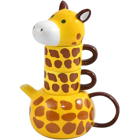 RORA Giraffe Ceramic Tea Pot with 2 Tea Cups Set, Hand-painted Porcelain Teapot Set for Coffee Latte Milk Tea Flower and Fruit Tea （17 oz/500 ml） Cover