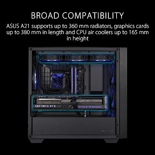 Image of ASUS A21 Black Micro ATX PC Case Supports BTF Hidden Connector Technology, Graphics Cards up to 380mm, 360mm Coolers, & ATX PSUs, Includes Porous Front-Panel mesh, 2 Year Warranty