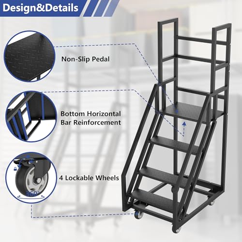 Image of 4 Step Mobile Home Stairs,39.3 inch W x 23.6 inch D x 78.7 inch H Movable Industrial Rolling Stairs,Handrails Anti Slip Storehouse Stair Ladder with Wheel,Suitable for Libraries Storehouse