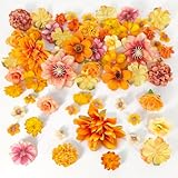 ROLLWAY 60 Stück Kunstblumen zum Basteln Orange Klein Künstliche Blumen Herbst Deko 2~7cm, 15 Typen Mini Fake Blumen Künstliche Herbstblumen Seidenblumen für Hochzeit, DIY, Tortendeko, Herbstdeko